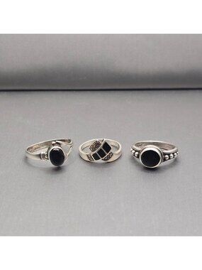 Sterling Silver Black Onyx Ring Lot 3 Vintage Statement 925 Signed Mixed Sizes